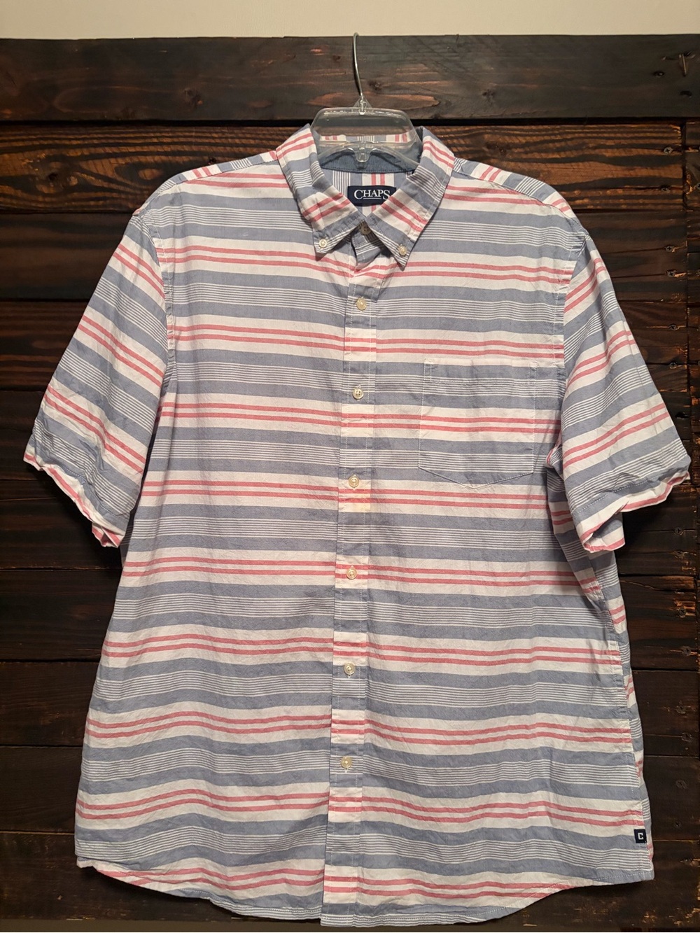Chaps Short-Sleeve Button-Down Shirt in Blue, White & Red Stripe